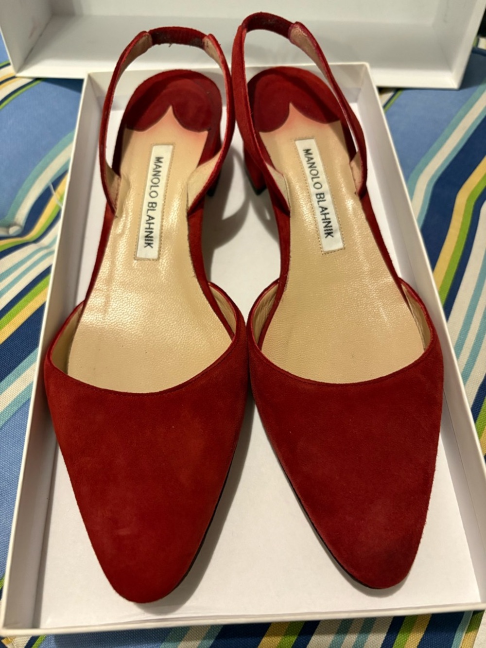 Manolo Blahnik Aspro Block Heel Red Suede Slingback Pumps